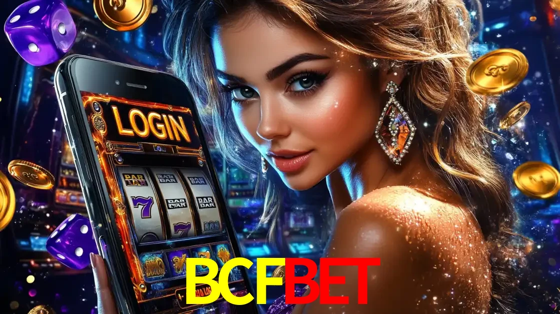 Mulher glamorosa segurando um smartphone com a tela de login para os jogos de caça-níqueis do cassino online BCFBET, com moedas de ouro e dados ao redor.