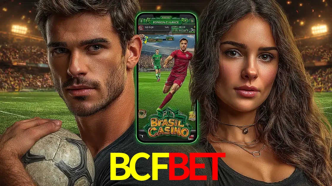 Homem segurando uma bola de futebol e uma mulher ao lado de um smartphone exibindo o jogo de apostas esportivas da BCFBET. Faça seu palpite no cassino online.